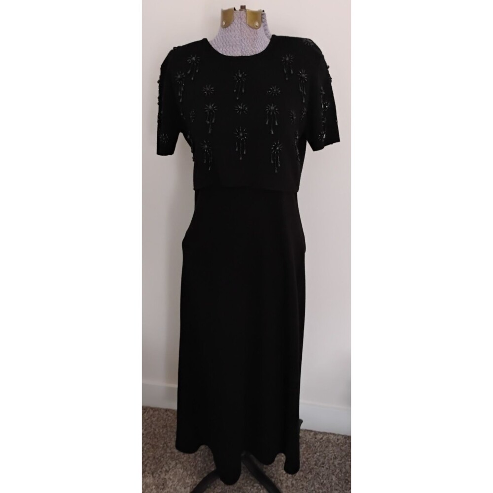 Vtg Nina Charles Kasper Black Wool Maxi Sweater Dress Beaded Cocktail Elegant S